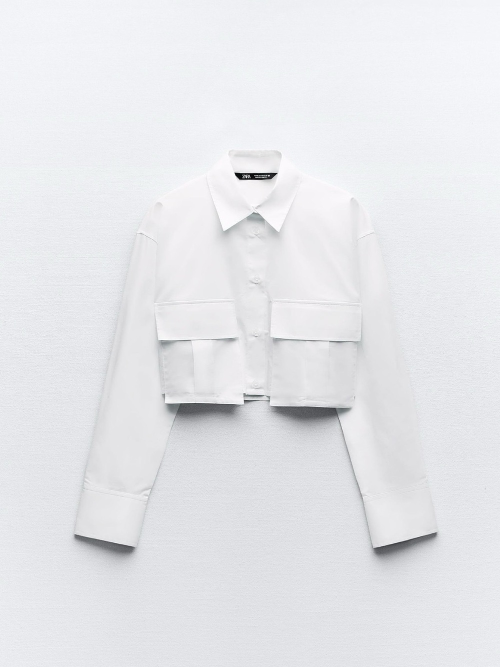 Zara White Cropped Button-Up Shirt with Patch Pockets